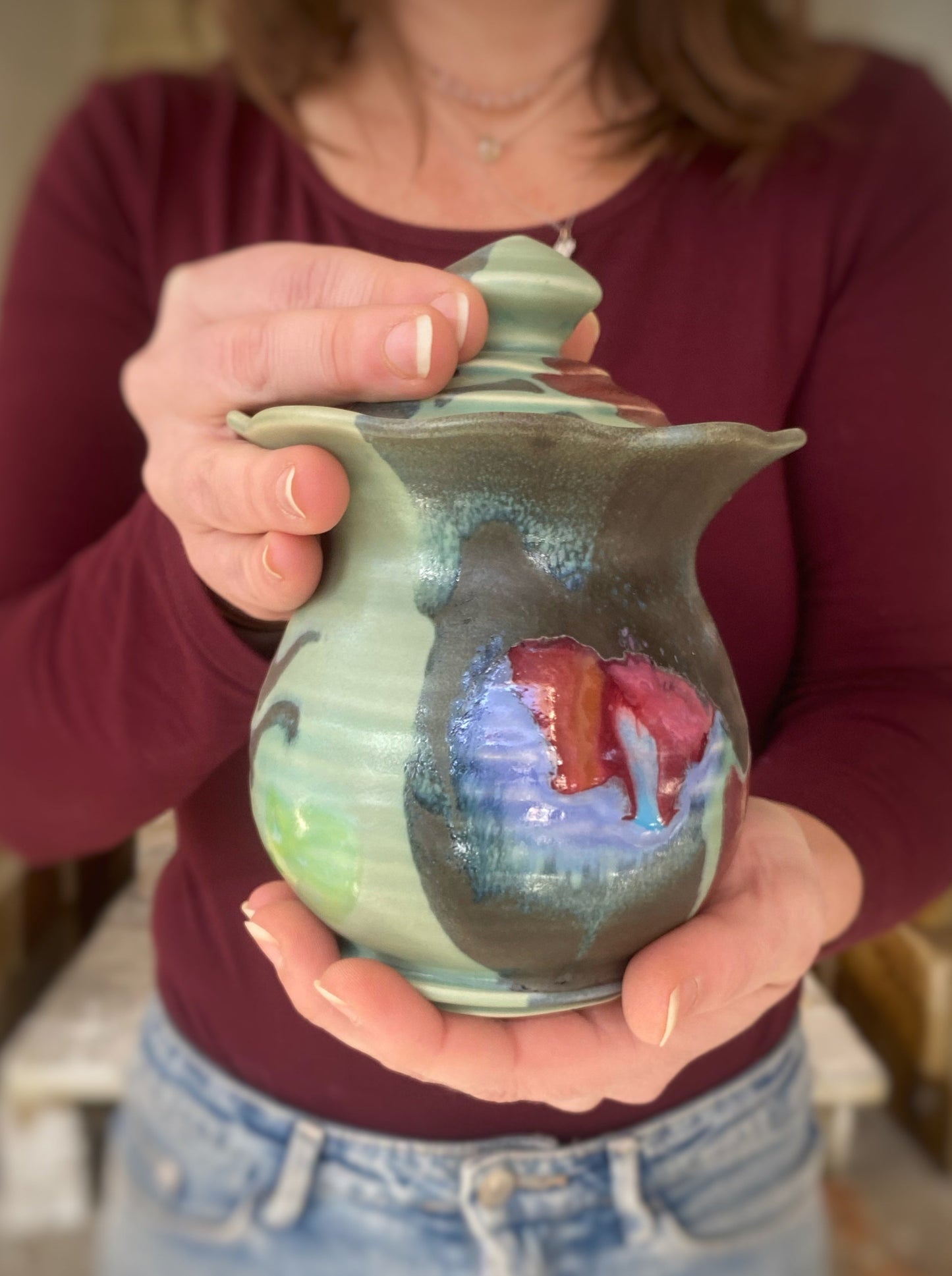 Green Black Scalloped Rim Jar