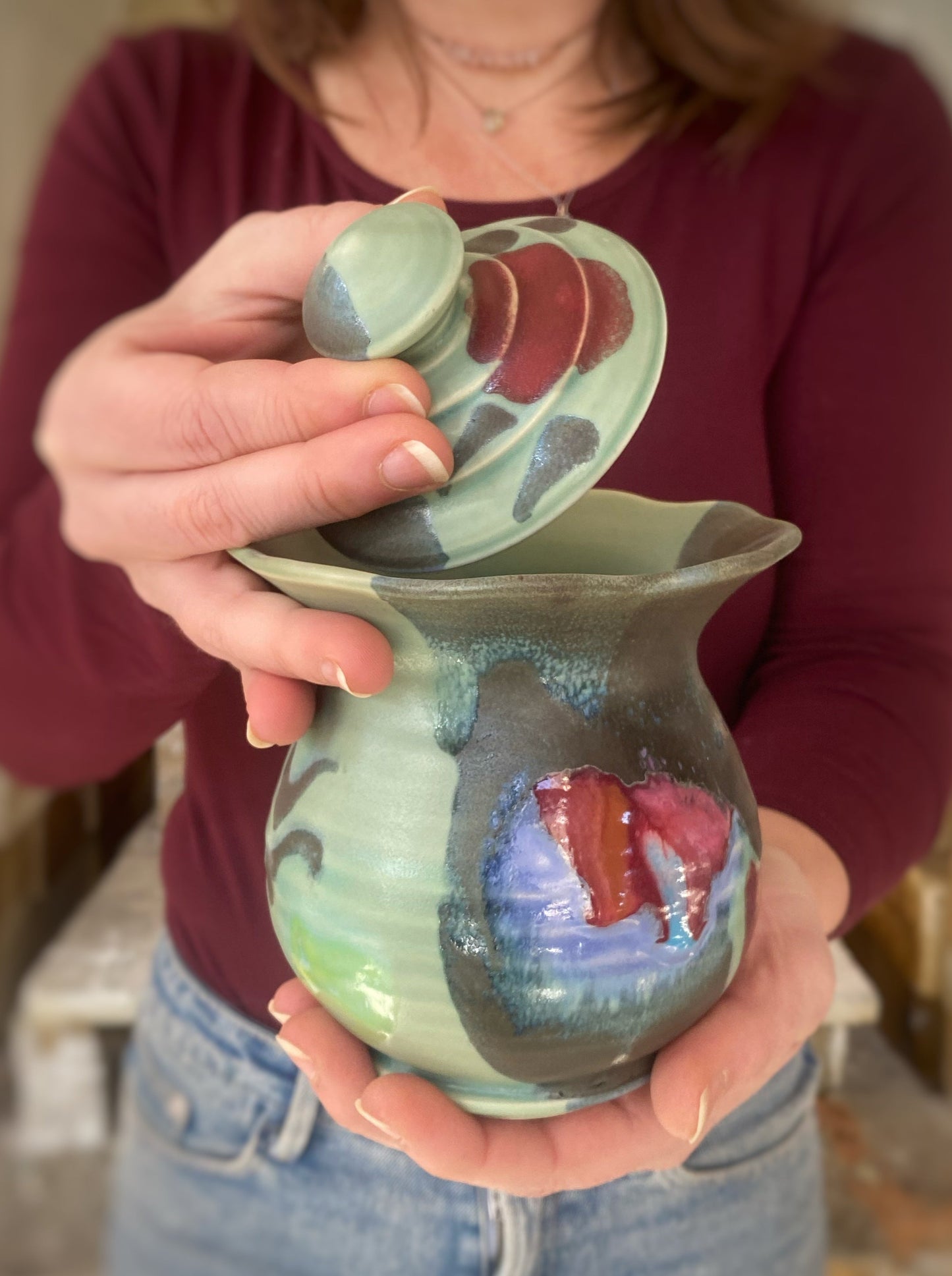 Green Black Scalloped Rim Jar