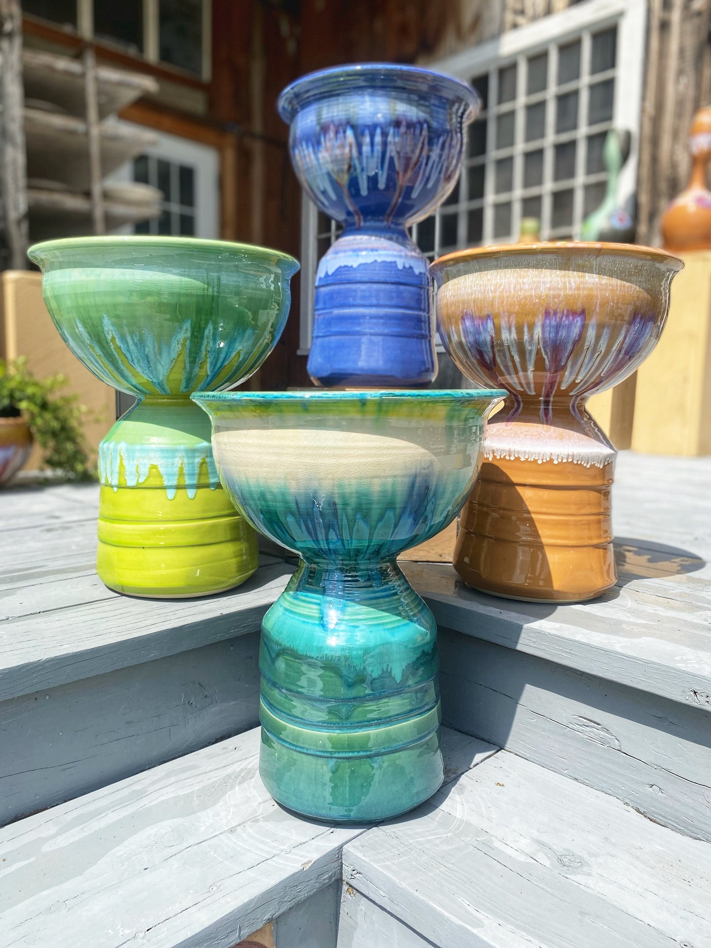 Teal Pedestal Planter with Ocean, Blue Moon, and Mango Planters