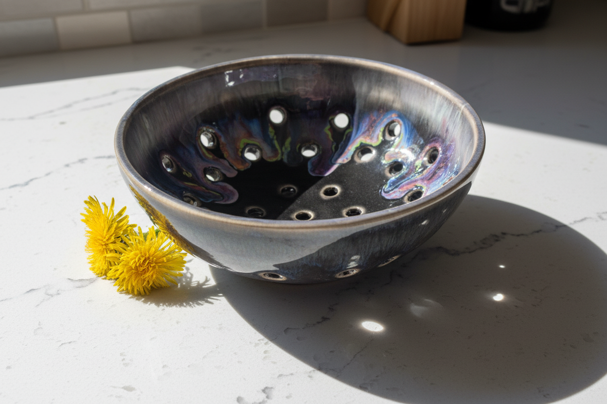 Decorative ceramic bowl with colorful glaze on a wooden surface with a yellow flower.