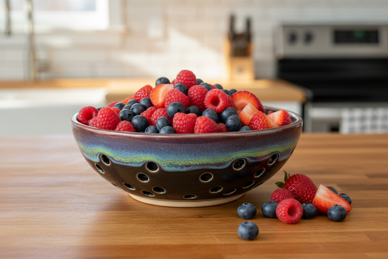 Ceramic bowl with decorative holes on a wooden surface with a dandelion flower.