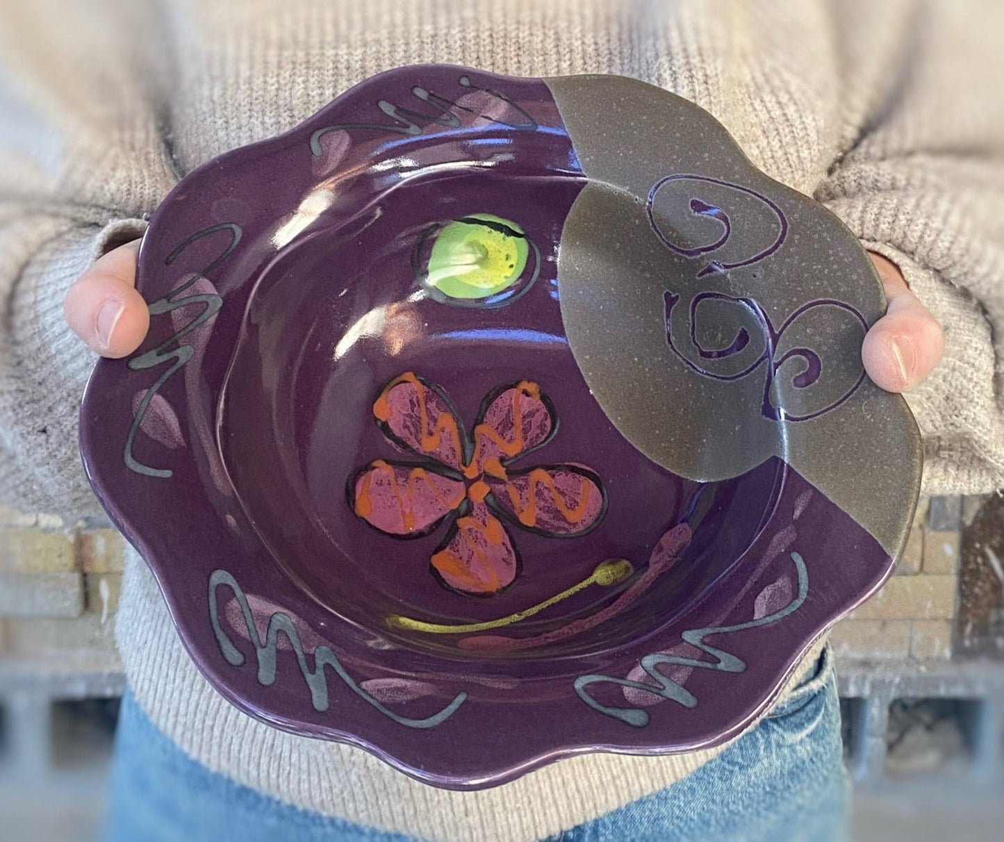 Purple Poppy Carved Rim Bowl