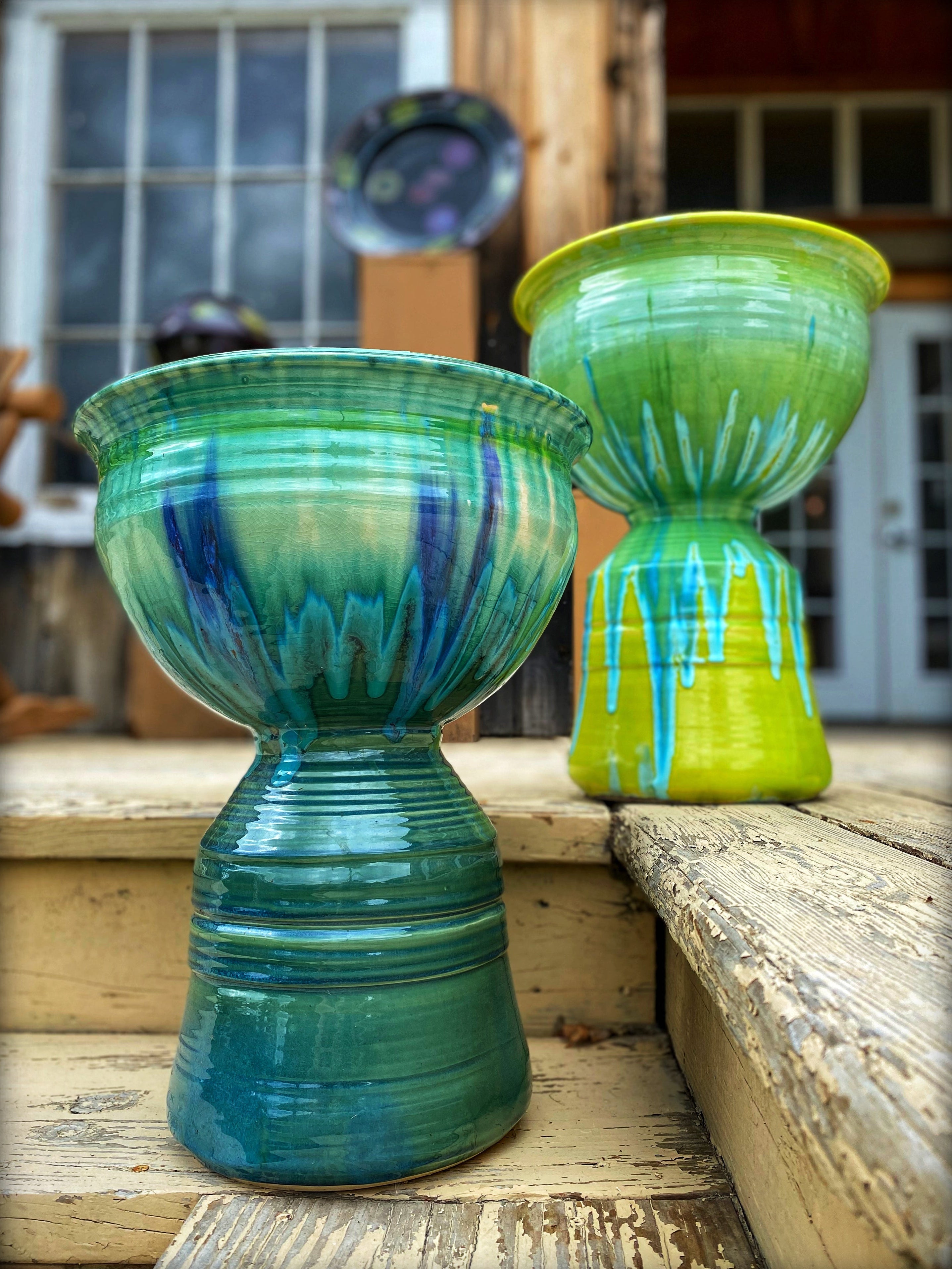 Teal Ceramic Pedestal Planter | Handmade Vermont Pottery | Lasser